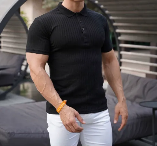 欧美跨境外贸wish男士夏季新款运动健身休闲弹力竖条短袖POLO衫男