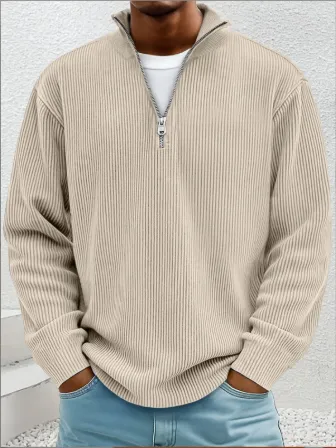 2025欧美秋季新款套头男装休闲上衣立领拉链灯芯绒长袖男士卫衣