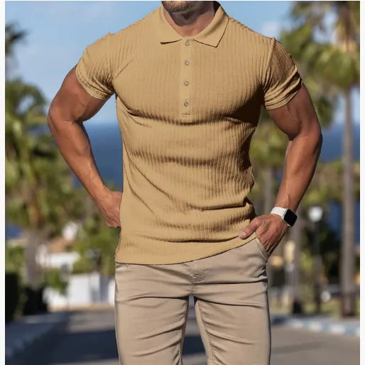 欧美跨境外贸wish男士夏季新款运动健身休闲弹力竖条短袖POLO衫男