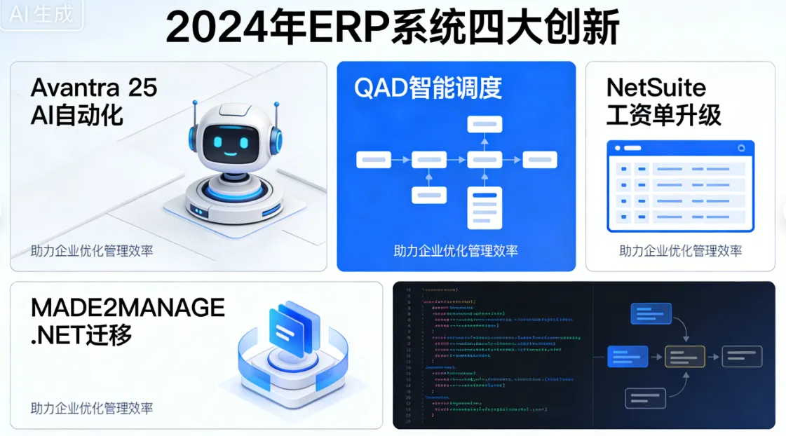 2024年ERP系统四大创新：Avantra 25 AI自动化、QAD智能调度、NetSuite工资单升级、MADE2MANAGE .NET迁移，助力企业优化管理效率