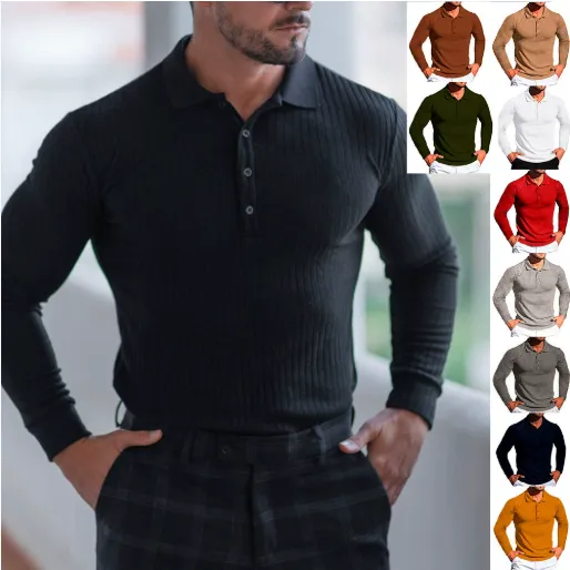 欧美跨境外贸wish男士夏季运动健身休闲立领弹力竖条长袖POLO衫男