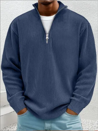 2025欧美秋季新款套头男装休闲上衣立领拉链灯芯绒长袖男士卫衣