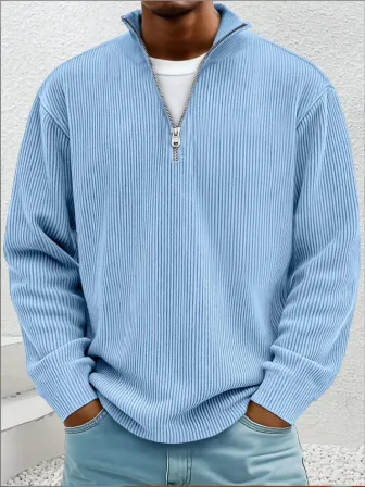 2025欧美秋季新款套头男装休闲上衣立领拉链灯芯绒长袖男士卫衣