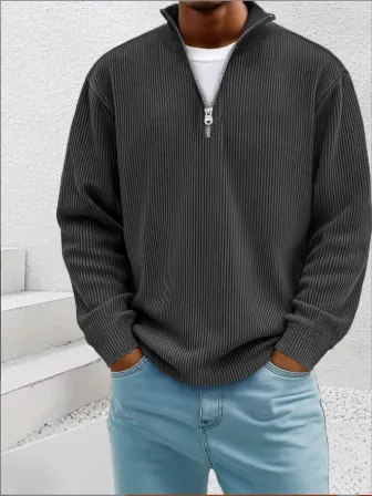 2025欧美秋季新款套头男装休闲上衣立领拉链灯芯绒长袖男士卫衣