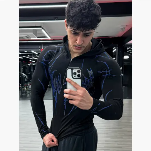 Breathedivinity 2025 男士运动健身连帽紧身衣 印花半拉链速干高