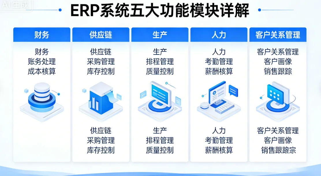 ERP系统五大功能模块详解：财务/供应链/生产/人力/客户关系管理