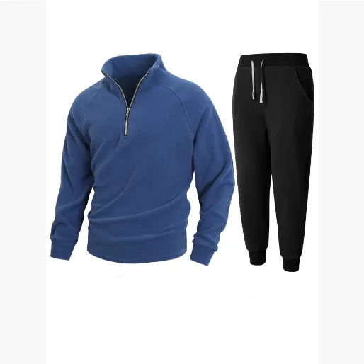 欧码秋冬新款外贸修身立领长袖套头个性休闲珊瑚绒男士套装